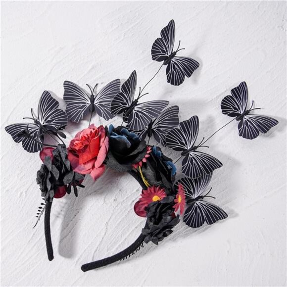 Black Butterfly Flower Headband | Gothic Monarch Butterfly Fascinator for Women - Picture 4 of 5